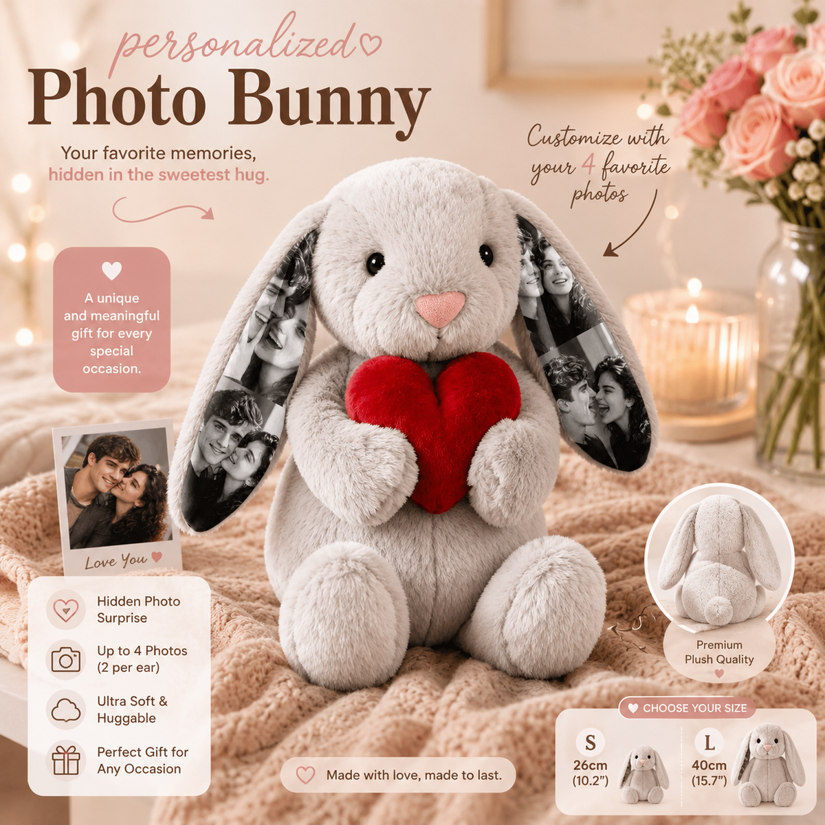 Custom Photo Bunny Plush – Personalized Picture Gift for Couples, Anniversary & Valentine’s Day Gift