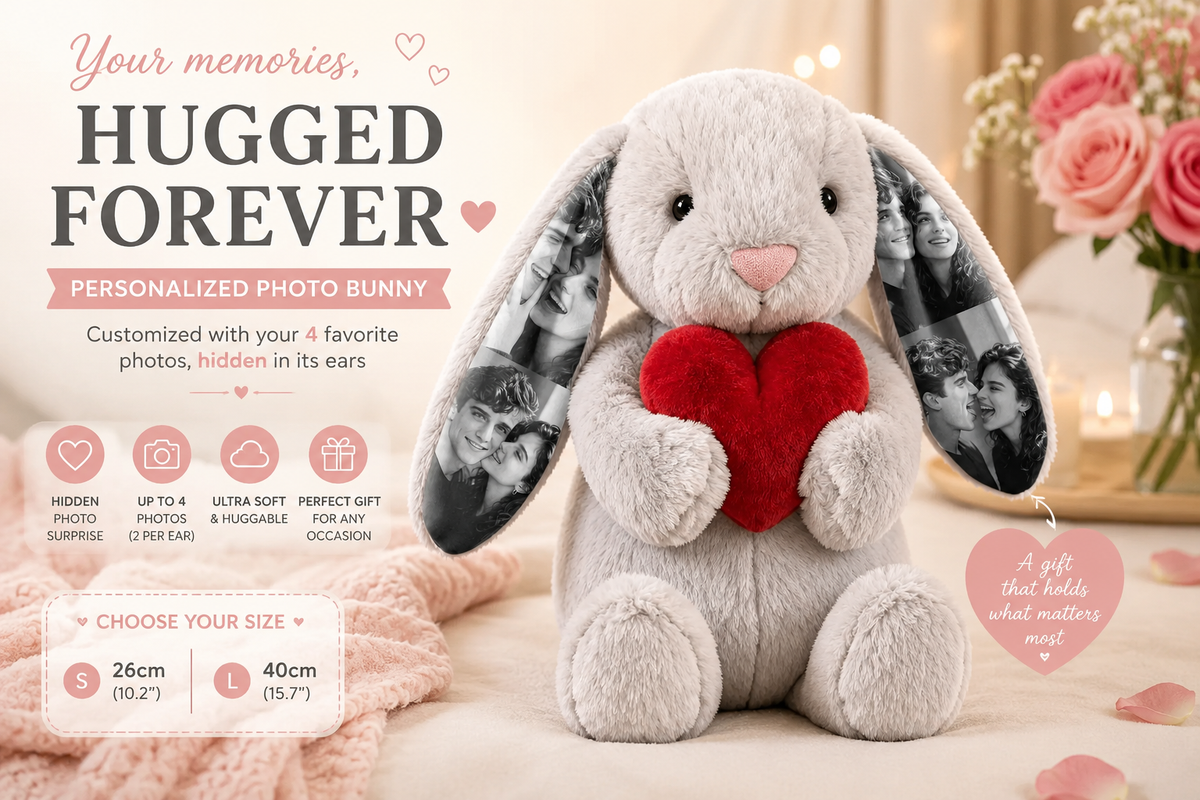 Custom Photo Bunny Plush – Personalized Picture Gift for Couples, Anniversary & Valentine’s Day Gift